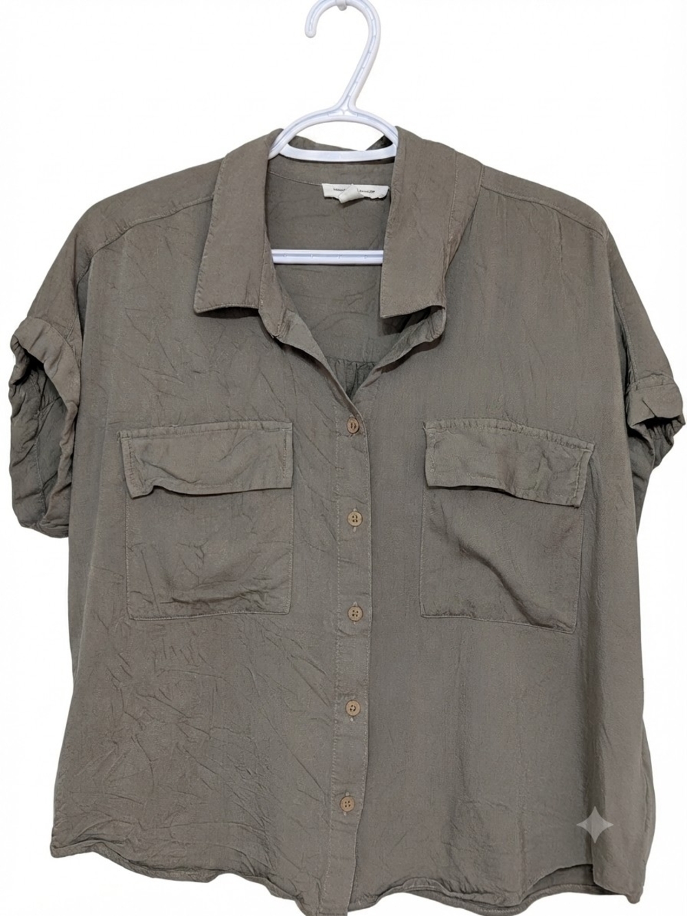 BeachLunchLounge Olive Green Short Sleeve Button Down Blouse XL